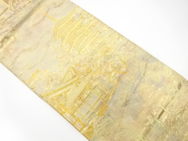 JAPANESE KIMONO / ANTIQUE FUKURO OBI / SILK / WOVEN SCENERY OF PAGODA